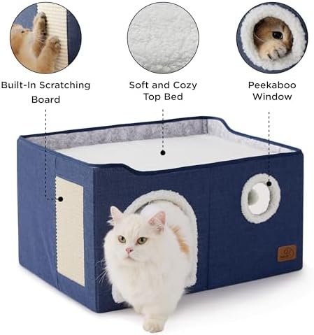 Bedsure Extra Wide Cat House Bed with Fluffy Ball and Scratch Pad,Blue - Image 5