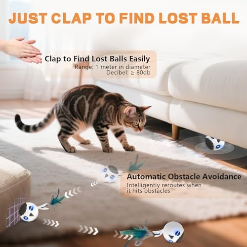 Cat Ball Toy, Upgraded Smart Motion Sensor Moving Ball with 3 Speed Modes & 4 Sounds, Interactive Toy for Indoor Cats, Motion Activated, Chirping Light, 2 Feather Tails(White) - Image 5