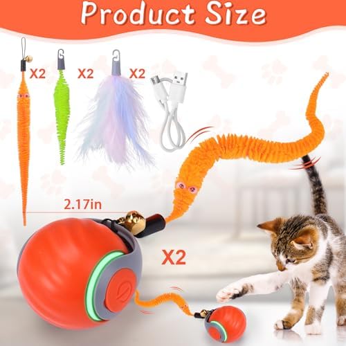 BABORUI 2Pack Orange Interactive Cat Toy Ball - Automatic Interactive Cat Toys for Indoor Cats with 3 Tails, 2 Speeds Rechargeable Enrichment for Small/Medium/Large to Keep Them Busy - Image 5