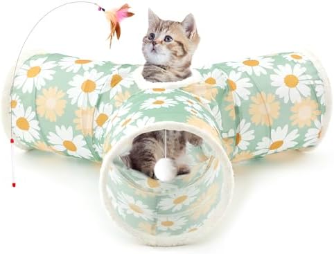 Tempcore Cat Tunnel, 3-Way Collapsible Toy for Indoor Cats, Daisy Green by Tempcore