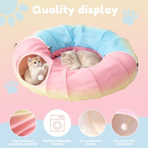 3-in-1 Cat Tunnel Bed Circular Hide Seek Cave Toy with Washable Mat Rainbow，Circular cat Tunnel Bed with Washable mats. Rainbow Color. Hide & Seek cave for Kittens, Puppies, Rabbits. Indoor Play nap. - Image 3
