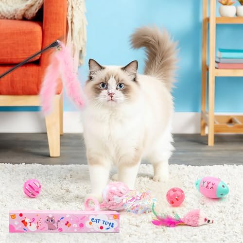 QUOZUO Pink Cat Toy Kitten Toys Set, Hanging Interactive Kitten Toys Wand Springs Mice Crinkle Balls and Pet Bell Balls Toys for Indoor Cats, 12Pcs Gift Box Styles (Pink) - Image 5