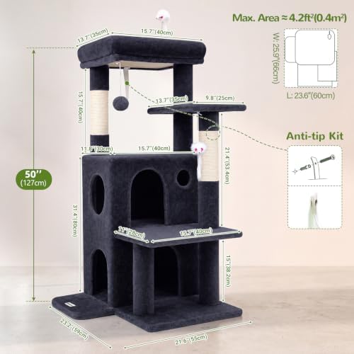 Globlazer Cat Tree Tower for Indoor Cats, 50-inch Adult Cat Tree House for Large Adult Cats with Steps, Scratching Post, 2 Cat Caves, Dangling Toys, FC50, Dark Grey - Image 5