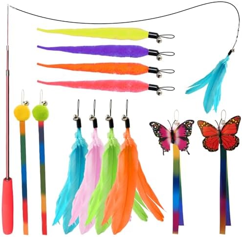 Cat Toys for Indoor Cats, 13 Packs Interactive Cat Wand Toy Set with Feather???Ribbon Refills, Feather Toys for Exercise, Playtime and Boredom Relief with Kitten by YULOYI