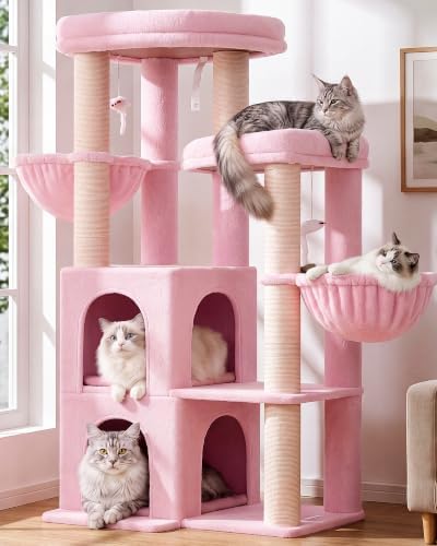 Globlazer Cat Tree Tower for Indoor Cats, Sturdy Adult Cat Tree House for Large Adult Cats with 2 Platform, 6 Cat Scratching Post, 2 Cat Caves, Dangling Toys, S63, 63 inch, Pink by Globlazer