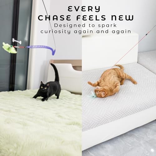 Cat Toys for Indoor Cats, Interactive Cat Wand Toy Set ?€? 2 Retractable Wands with Wooden Handles, 9 Refills (Feathers & Worms) ?€? 2 Mesh Tube Strings & 1 Elastic String for Cats and Kittens - Image 4