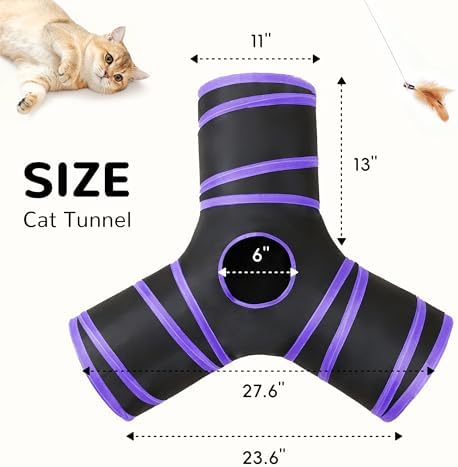 Tempcore Cat Tunnel, 3-Way Collapsible Toy for Indoor Cats, Black & Purple - Image 2