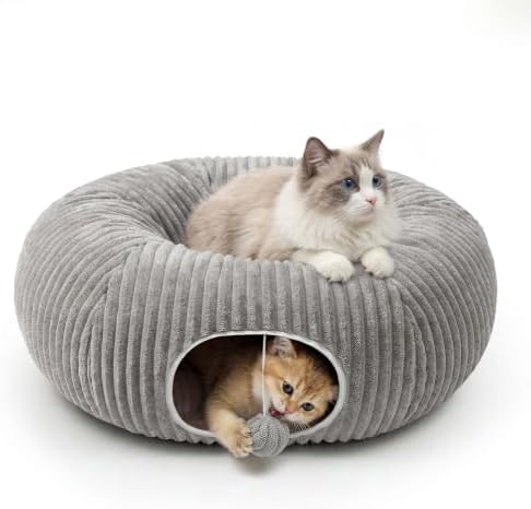 Cat Tunnel Bed for Indoor Cats, Peekaboo Cat Cave Bed, Grey by MOYMO