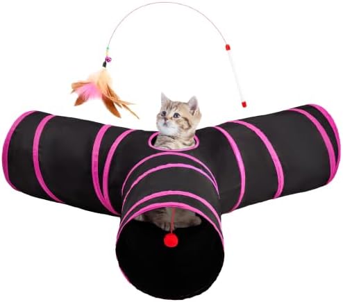 Tempcore Cat Tunnel, 3-Way Collapsible Toy, Large Size Black & Rose Red by Tempcore