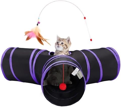 Tempcore Cat Tunnel, 3-Way Collapsible Toy for Indoor Cats, Black & Purple by Tempcore