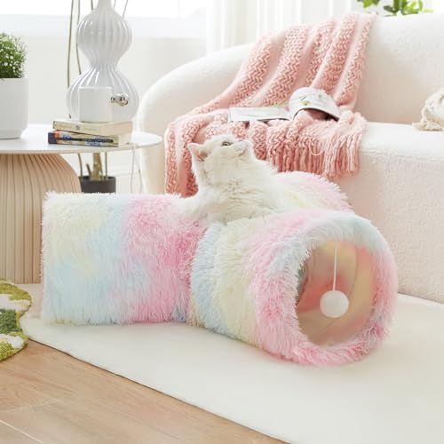 Tempcore Plush Pet Cat Tunnel Tube Cat Toys 3 Way Collapsible, Tunnels for Indoor Cats，Kitty Tunnel Bored Pet Toys Peek Hole Ball Puppy, Kitty, Kitten, Rabbit Rainbow - Image 6