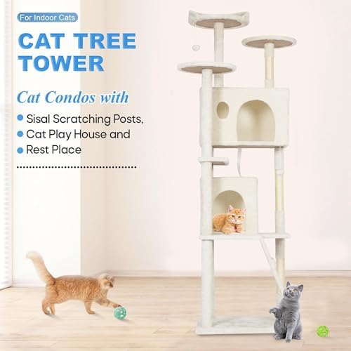 FDW | 62" Cat Tree Tower | Beige | Multi-Level Indoor Activity Center - Image 3