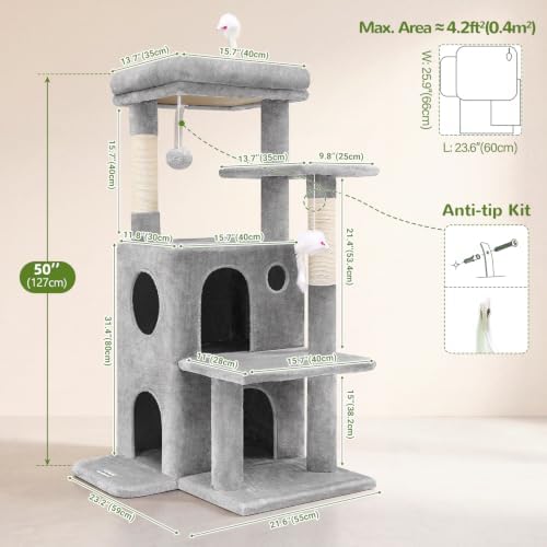 Globlazer Cat Tree Tower for Indoor Cats, 50-inch Adult Cat Tree House for Large Adult Cats with Steps, Scratching Post, 2 Cat Caves, Dangling Toys, FC50, Light Grey - Image 5