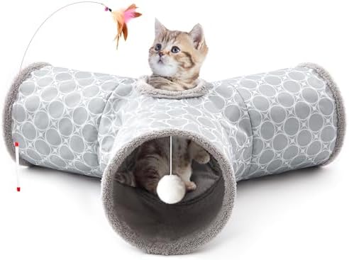 Tempcore Fleece-Lined Cat Tunnel, 3-Way Collapsible Toy, Geometry Grey by Tempcore