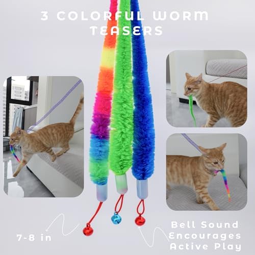 Cat Toys for Indoor Cats, Interactive Cat Wand Toy Set ?€? 2 Retractable Wands with Wooden Handles, 9 Refills (Feathers & Worms) ?€? 2 Mesh Tube Strings & 1 Elastic String for Cats and Kittens - Image 5