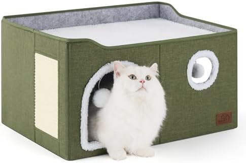 Bedsure Extra Wide Cat House Bed with Fluffy Ball and Scratch Pad - Image 2