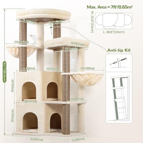 Globlazer Cat Tree Tower for Indoor Cats, Sturdy Adult Cat Tree House for Large Adult Cats with 2 Platform, 6 Cat Scratching Post, 2 Cat Caves, Dangling Toys, S63, 63 inch, Beige - Image 6
