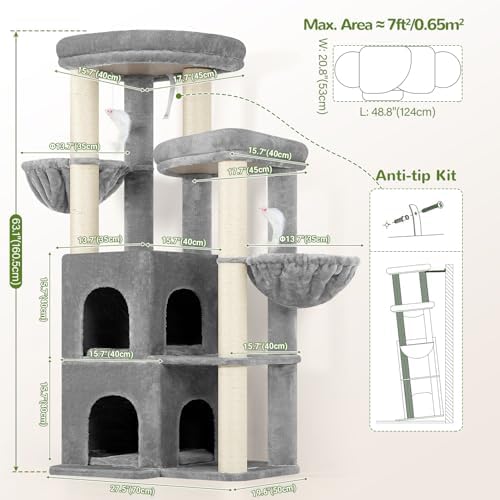 Globlazer Cat Tree Tower for Indoor Cats, Sturdy Adult Cat Tree House for Large Adult Cats with 2 Platform, 6 Cat Scratching Post, 2 Cat Caves, Dangling Toys, S63, 63 inch, Light Grey - Image 6