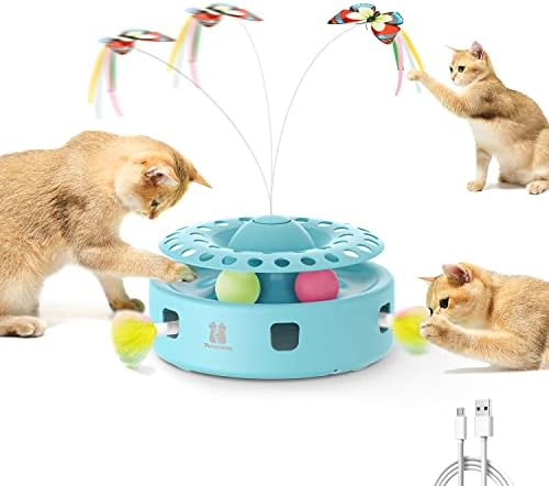 Potaroma Cat Toys 3-in-1 Automatic Interactive Kitten Toy, Fluttering Butterfly, Random Moving Ambush Feather, Track Balls, Dual Power Supplies, USB Powered, Indoor Exercise Cat Kicker (Blue) by Potaroma