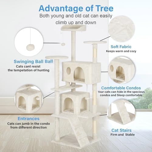 FDW | 62" Cat Tree Tower | Beige | Multi-Level Indoor Activity Center - Image 5