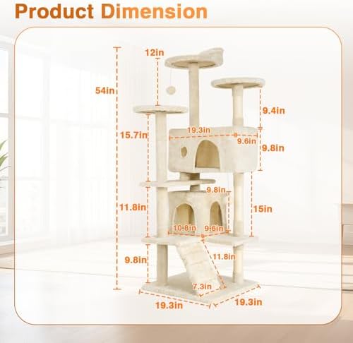 FDW | 54" Cat Tree Tower | Beige | Multi-Level Indoor Activity Center - Image 6