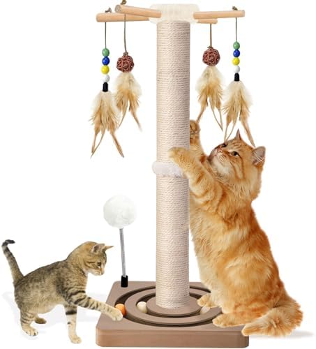 Tall Cat Scratching Post, 33 Inch Sisal Scratcher with Toys for Large Cats by Awarmhome