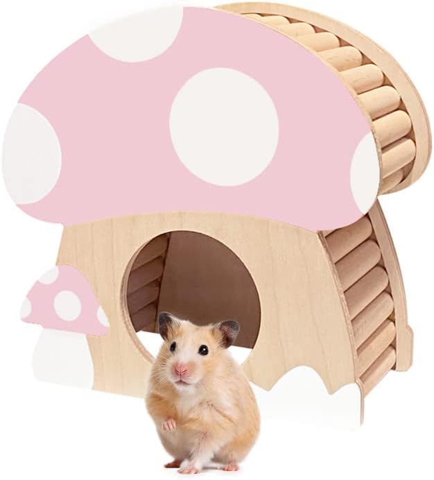 Hamster Mini House, Mushroom-Shaped Wood Hide Home for Dwarf Hamsters, Rat, Gerbils, Syrian, Mice, Small Animals Hideout Habitat Hut, Wooden Hamster Hideaway Toys, Indoor Cave Cage Accessories