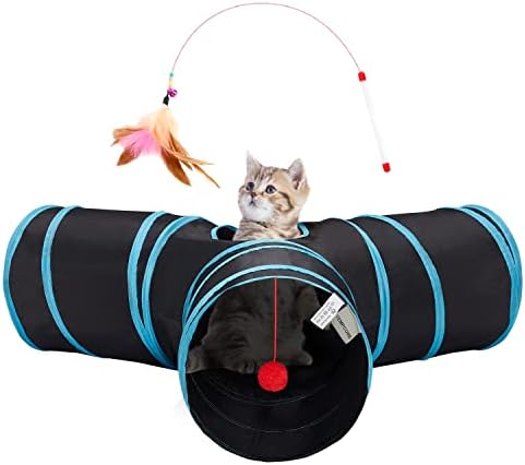 Tempcore Cat Tunnel, 3-Way Collapsible Toy for Indoor Cats, Black & Blue by Tempcore