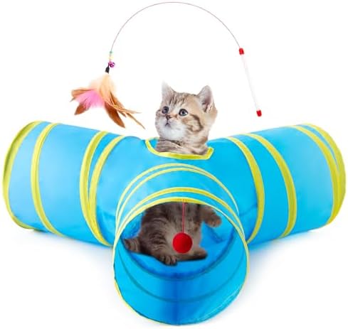Tempcore Cat Tunnel, 3-Way Collapsible Toy for Indoor Cats, Blue & Yellow by Tempcore