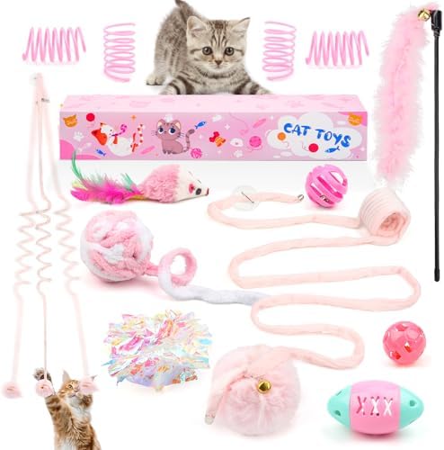 QUOZUO Pink Cat Toy Kitten Toys Set, Hanging Interactive Kitten Toys Wand Springs Mice Crinkle Balls and Pet Bell Balls Toys for Indoor Cats, 12Pcs Gift Box Styles (Pink) by QUOZUO