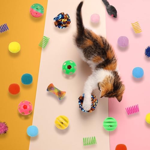 QUOZUO Kitten Toys, 60PCS Cat Balls Springs Toy Set, Cat Mouse Toy, Kitten Sparkle Crinkle Balls Furry Soft Pom Pom - Image 7