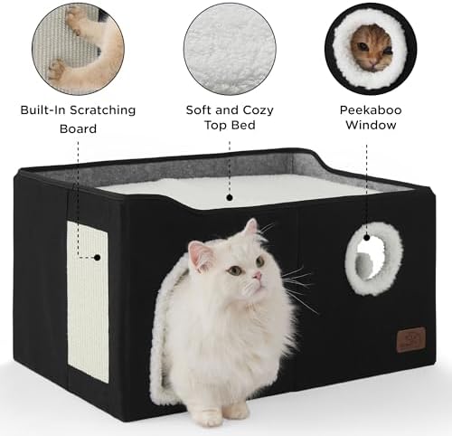 Bedsure Extra Wide Cat House Bed with Fluffy Ball and Scratch Pad,Black - Image 5
