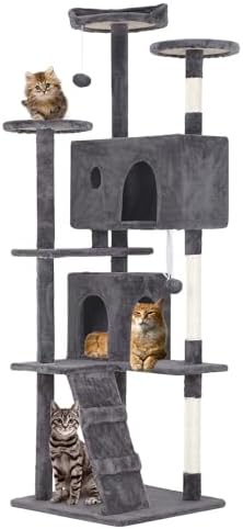FDW | 70" Cat Tree Tower | Light Gray | Multi-Level Indoor Activity Center with Sisal Scratching Posts, Condos, Plush Perches, Hanging Cat Toys | Sturdy, Easy to Assemble | for Kittens & Adult Cats by FDW