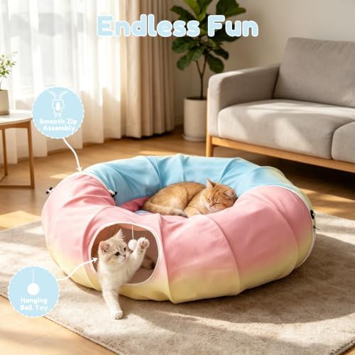 3-in-1 Cat Tunnel Bed Circular Hide Seek Cave Toy with Washable Mat Rainbow，Circular cat Tunnel Bed with Washable mats. Rainbow Color. Hide & Seek cave for Kittens, Puppies, Rabbits. Indoor Play nap. - Image 5