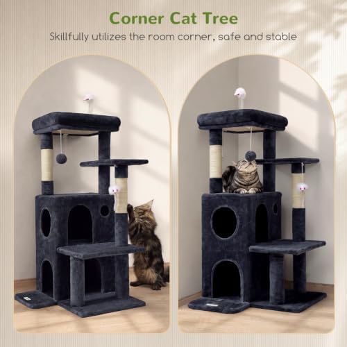 Globlazer Cat Tree Tower for Indoor Cats, 50-inch Adult Cat Tree House for Large Adult Cats with Steps, Scratching Post, 2 Cat Caves, Dangling Toys, FC50, Dark Grey - Image 2
