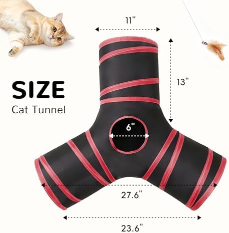Tempcore Cat Tunnel, 3-Way Collapsible Toy for Indoor Cats, Black & Red - Image 2