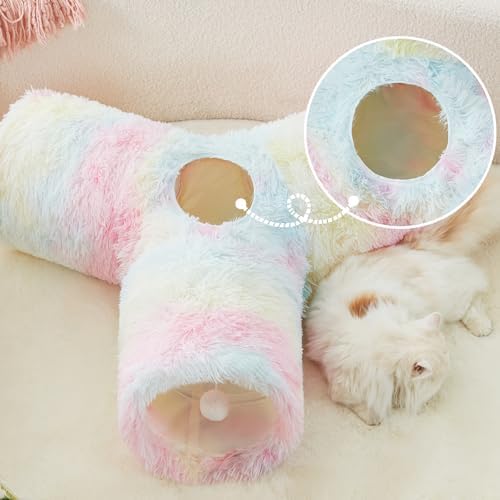 Tempcore Plush Pet Cat Tunnel Tube Cat Toys 3 Way Collapsible, Tunnels for Indoor Cats，Kitty Tunnel Bored Pet Toys Peek Hole Ball Puppy, Kitty, Kitten, Rabbit Rainbow - Image 7