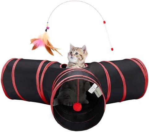 Tempcore Cat Tunnel, 3-Way Collapsible Toy for Indoor Cats, Black & Red by Tempcore