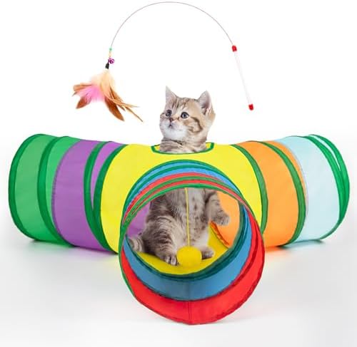 Tempcore Cat Tunnel, 3-Way Collapsible Toy for Indoor Cats, Rainbow by Tempcore