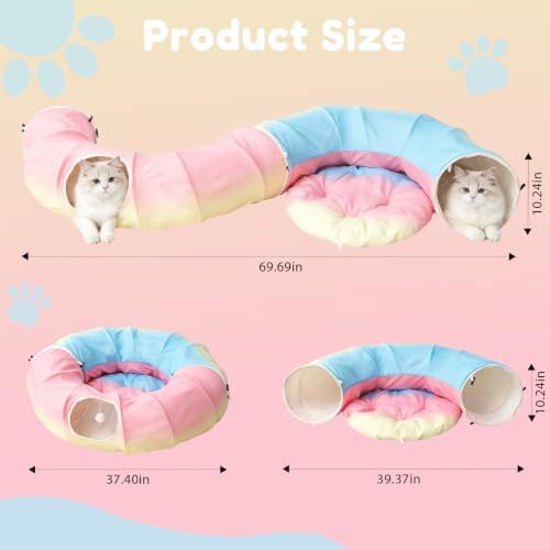3-in-1 Cat Tunnel Bed Circular Hide Seek Cave Toy with Washable Mat Rainbow，Circular cat Tunnel Bed with Washable mats. Rainbow Color. Hide & Seek cave for Kittens, Puppies, Rabbits. Indoor Play nap. - Image 2