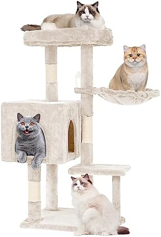 FDW 37.8 inch Cat Tree Cat Tower for Indoor Cats with Scratching Posts,Multi-Level Cat Furniture Activity Center Stand House Cat Condo Modern Cat Tower with Hanging Cradle & Funny Toy,Beige by FDW