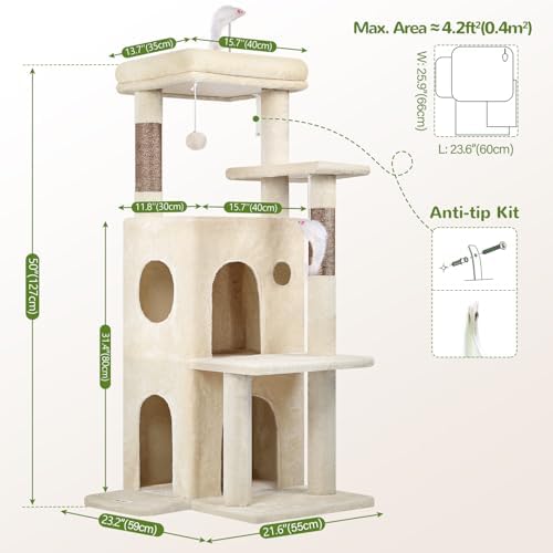 Globlazer Cat Tree Tower for Indoor Cats, 50-inch Adult Cat Tree House for Large Adult Cats with Steps, Scratching Post, 2 Cat Caves, Dangling Toys, FC50, Beige - Image 6
