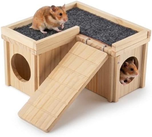Hamster Hideout Wooden House with Ladder & Washable Pad, Small Animal Habitat Cage Accessories, Cozy Nest for Dwarf Syrian Hamsters, Gerbils & Mice