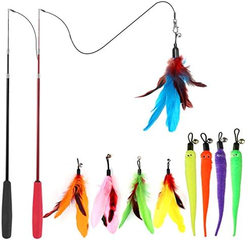 MeoHui Cat Toys for Indoor Cats, Interactive Cat Toy 2PCS Retractable Wand Toy and 9PCS Cat Feather Toys Refills, Funny Kitten Toys Cat Fishing Pole Toy for Bored Indoor Cats Chase and Exercise by MeoHui