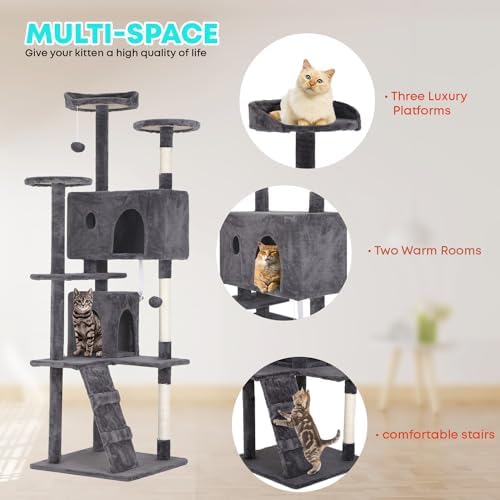 FDW | 70" Cat Tree Tower | Light Gray | Multi-Level Indoor Activity Center with Sisal Scratching Posts, Condos, Plush Perches, Hanging Cat Toys | Sturdy, Easy to Assemble | for Kittens & Adult Cats - Image 5