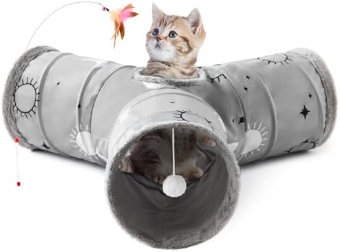 Tempcore Cat Tunnel, 3-Way Collapsible Toy for Indoor Cats, Grey Sun by Tempcore