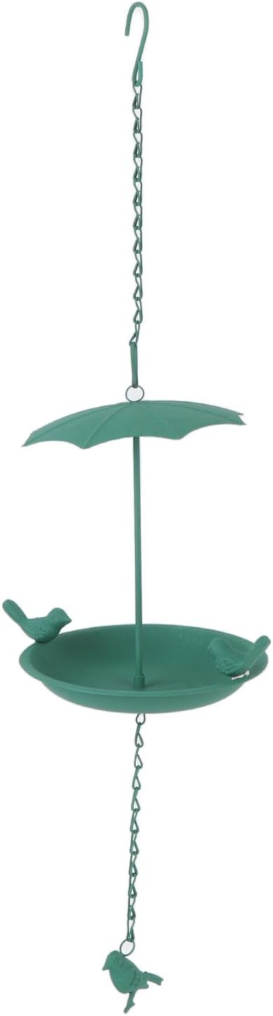 Hanging Bird Feeder, Metal Large Capacity Hanging Bath Tray Bird Water Feeder with Umbrella Top for Outdoor Garden Patio(Green)