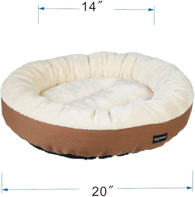 Amazon Basics Round Bolster Pet Bed for Dog or Cat with Flannel Top, 20.0" L x 20.0" W x 8.0" Th, Brown and Ivory (Pack of 6)