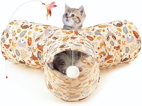Tempcore Cat Tunnel, 3-Way Collapsible Toy for Indoor Cats, Beige Deer by Tempcore