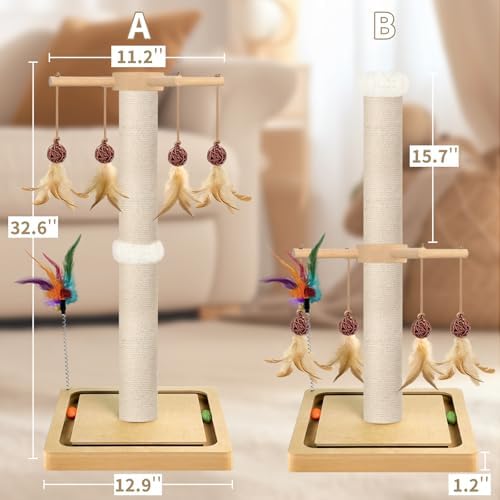 Tall Cat Scratching Post, 33 Inch Sisal Scratcher with Toys for Large Cats - Image 3